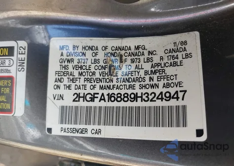 2009 Honda Civic Ex z USA, uszkodzony, nr VIN 2HGFA16889H324947